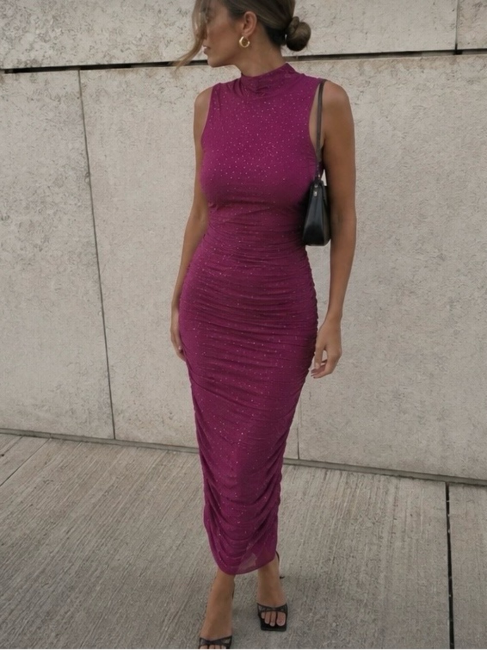 AFRM Los Angeles Sonia Rhinestone Ruched Midi Dress Magenta M NWT